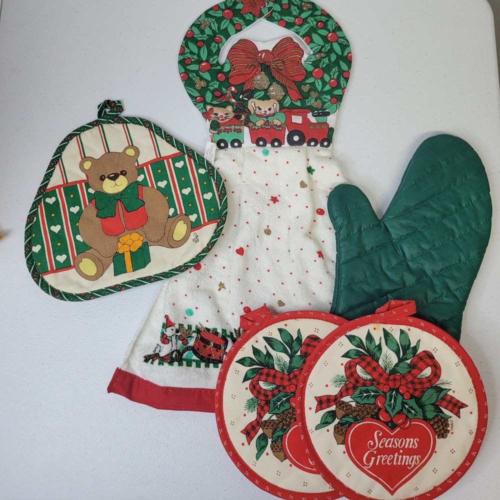 Christmas Kitchen Set Towel Pot‎ Holders Oven Mitt Potholder Teddy Bear Santa